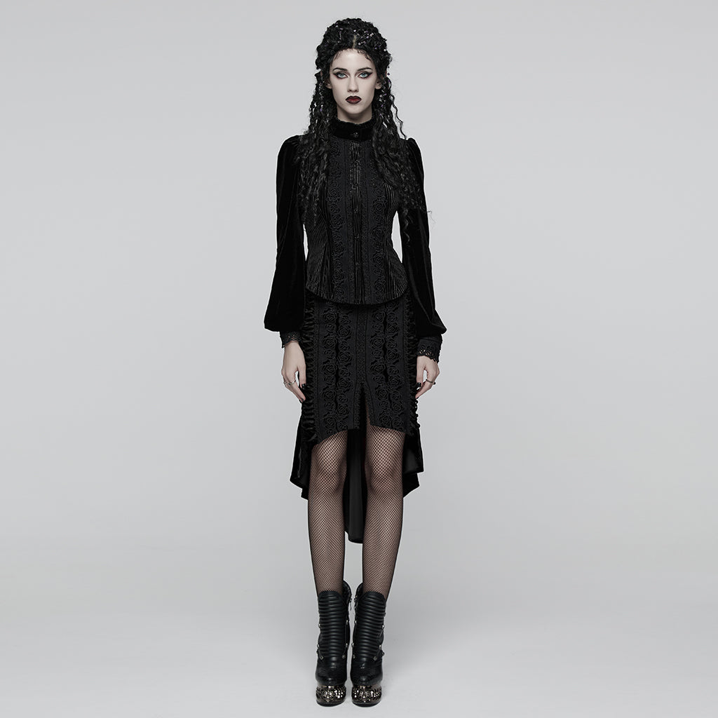 WQ-876BQF Gothic Skirt Lace-Up Velvet Rose Embroidery High-Low Hem
