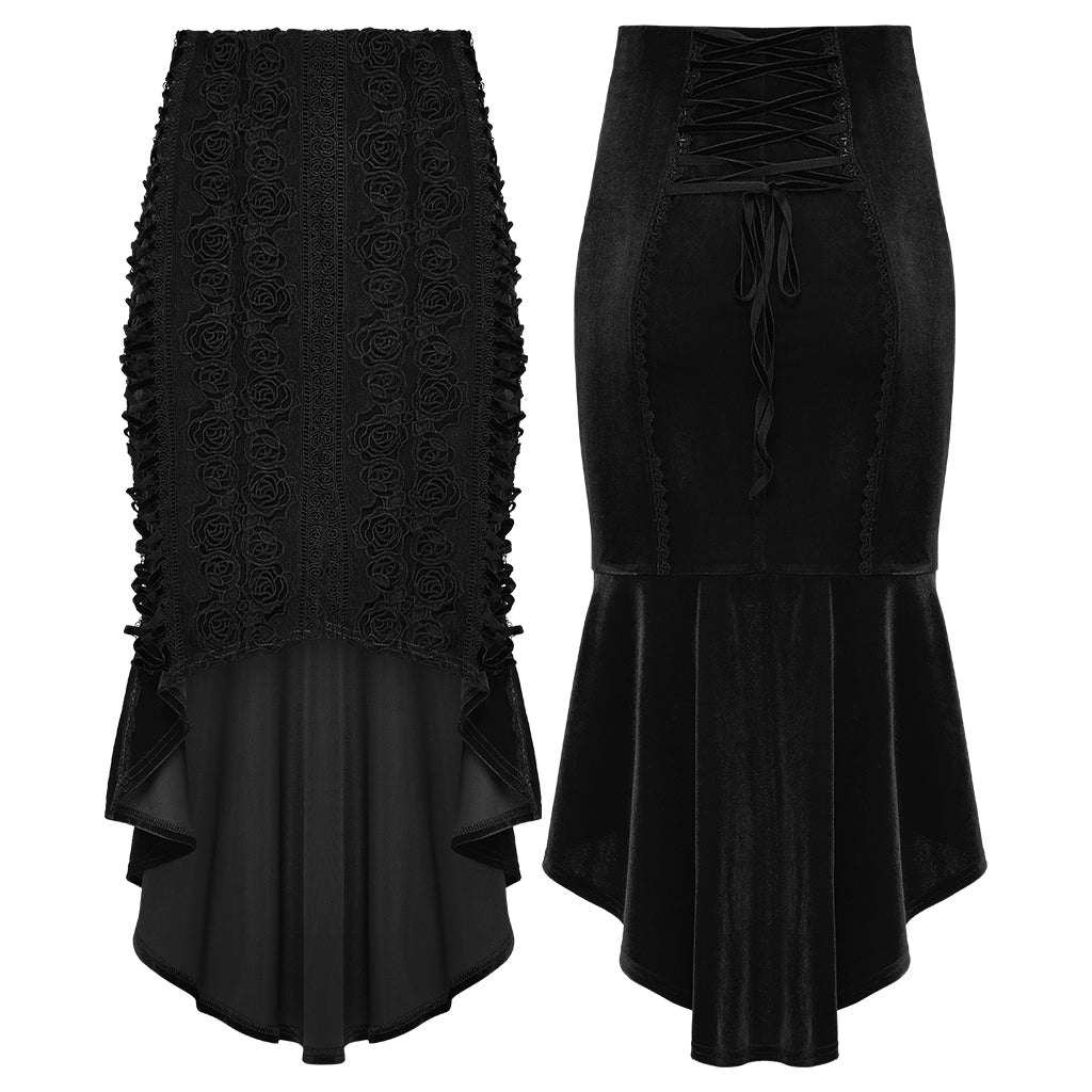 WQ-876BQF Gothic Skirt Lace-Up Velvet Rose Embroidery High-Low Hem