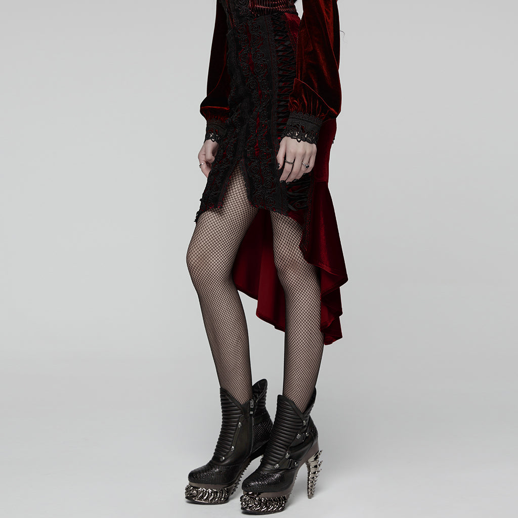 WQ-876BQF Gothic Skirt Lace-Up Velvet Rose Embroidery High-Low Hem