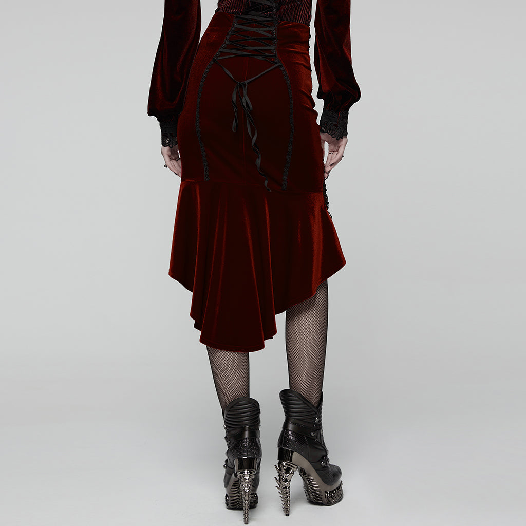 WQ-876BQF Gothic Skirt Lace-Up Velvet Rose Embroidery High-Low Hem