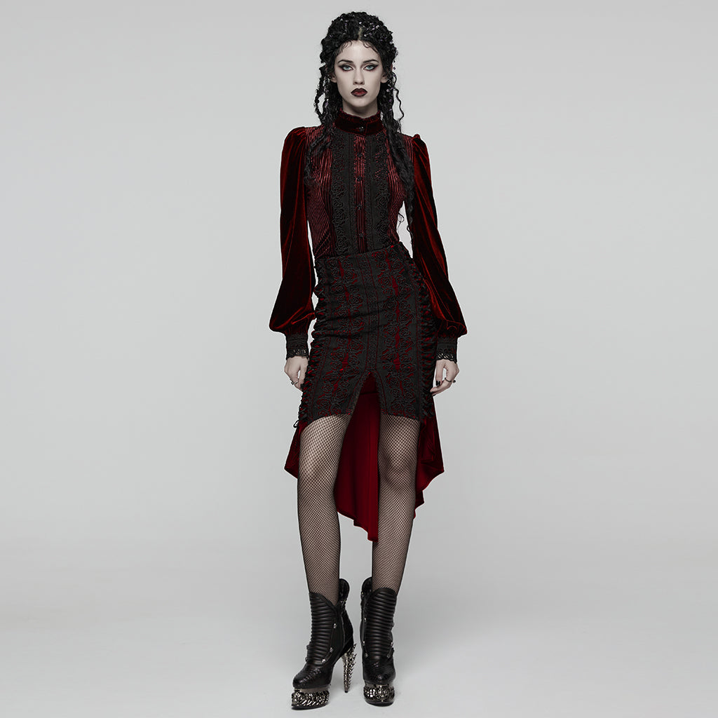 WQ-876BQF Gothic Skirt Lace-Up Velvet Rose Embroidery High-Low Hem
