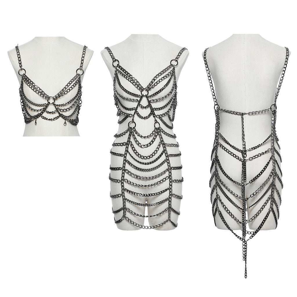 WQ-877LQF Edgy Chain Punk Skirt with Fishnet Accent and Ring Straps