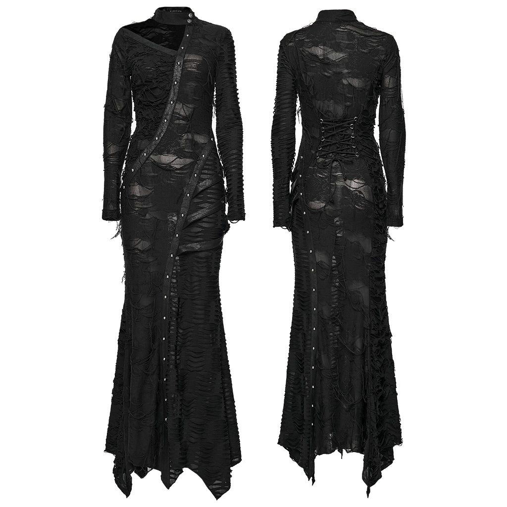 WQ-885LQF Elegant Gothic Dress Asymmetrical Sheer Panels Long Sleeve Maxi