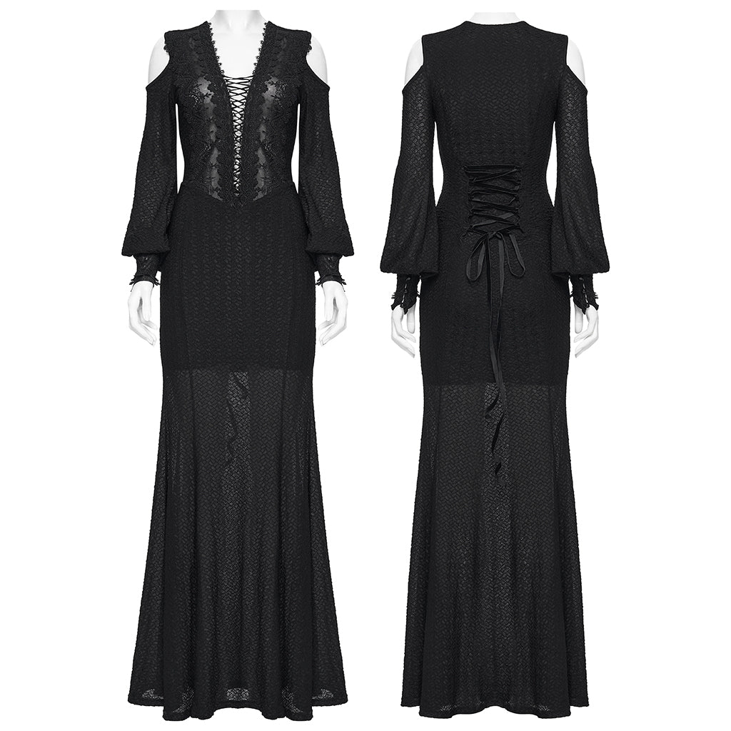 WQ-887LQF Long Black Gothic Dress Cold Shoulder Lace-Up Detail