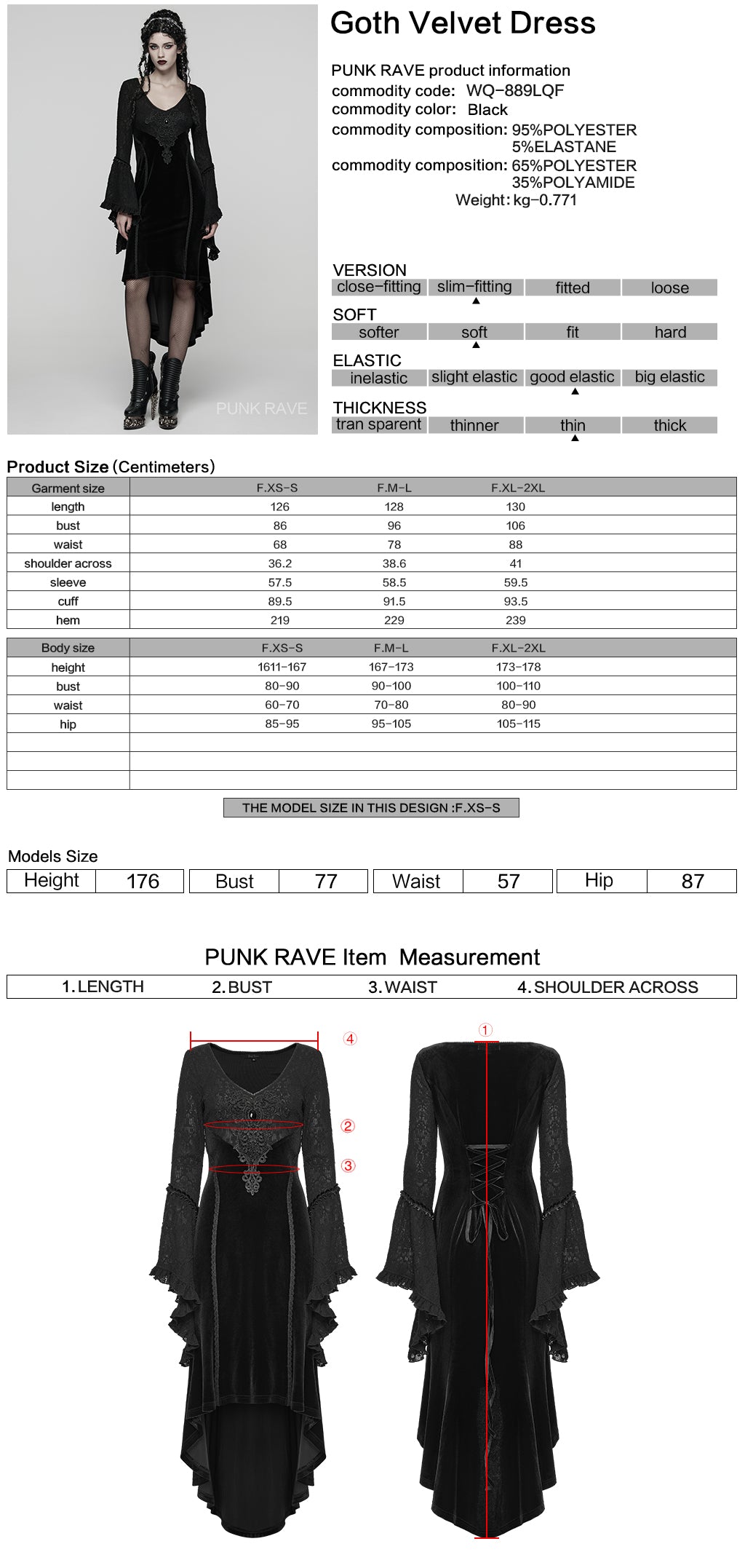 WQ-889LQF Velvet Gothic Dress Lace Bell Sleeves Asymmetrical Hem Design