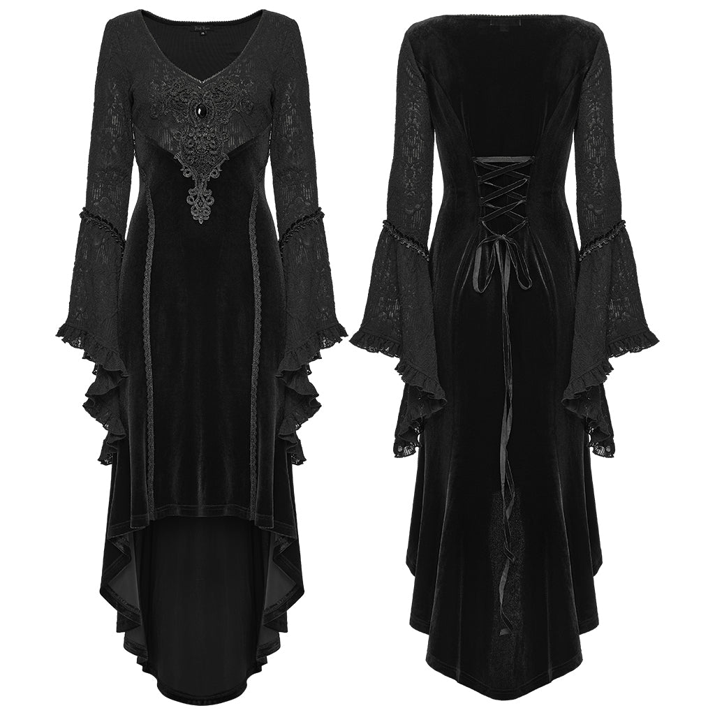 WQ-889LQF Velvet Gothic Dress Lace Bell Sleeves Asymmetrical Hem Design