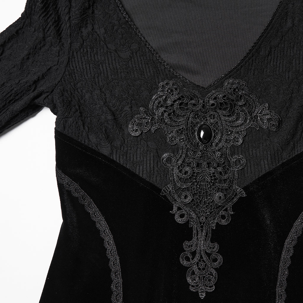 WQ-889LQF Velvet Gothic Dress Lace Bell Sleeves Asymmetrical Hem Design