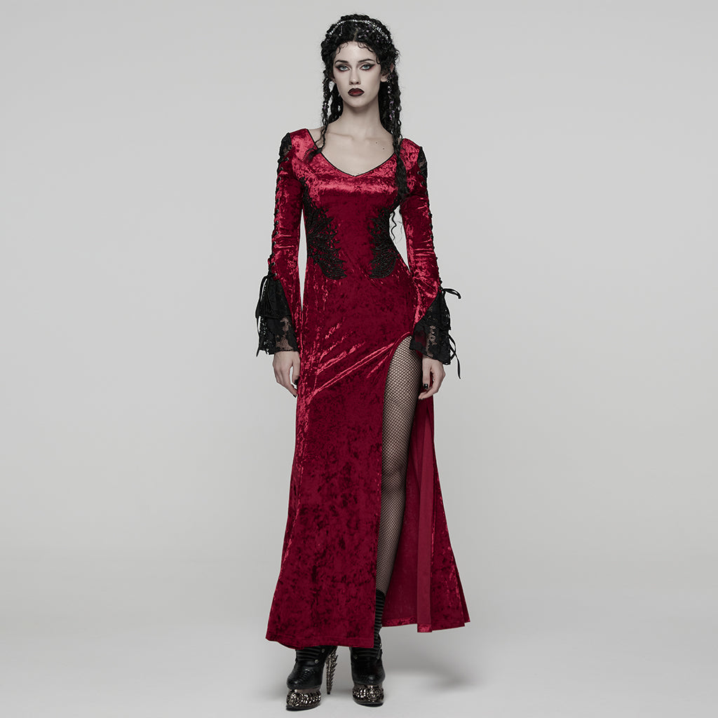 WQ-894LQF Elegant Gothic Dress Red Velvet Lace Detail Maxi Gown