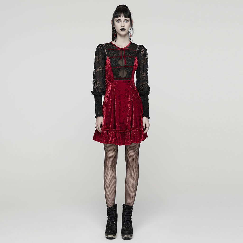 WQ-895LQF Gothic Velvet Lace Contrast Long Sleeve Dress
