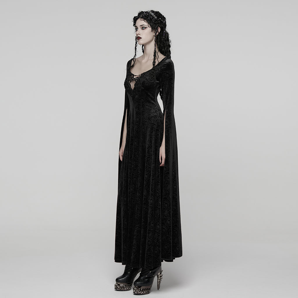 WQ-896LQF Gothic Dress Long Burgundy Velvet Lace Detail Maxi Gown