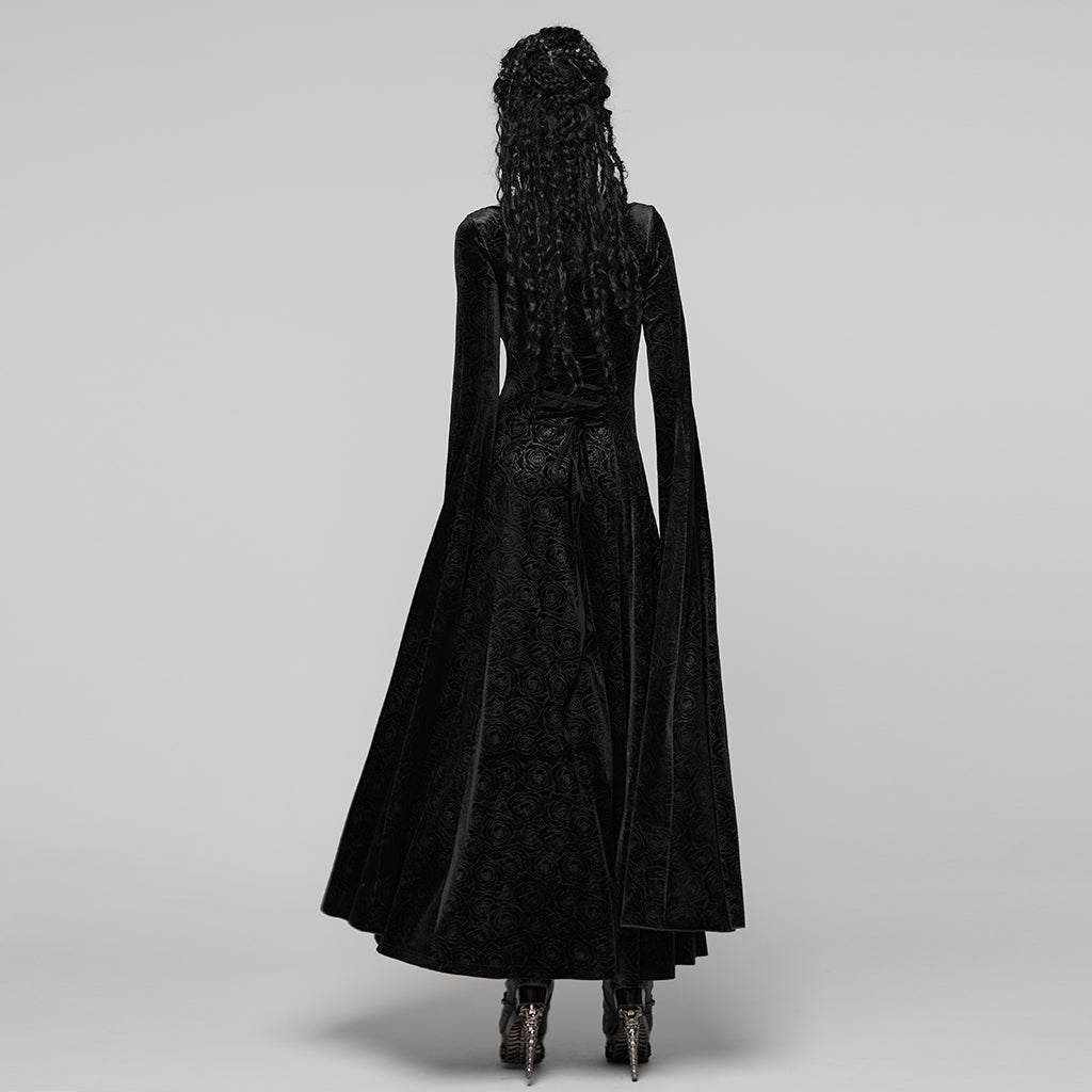 WQ-896LQF Gothic Dress Long Burgundy Velvet Lace Detail Maxi Gown
