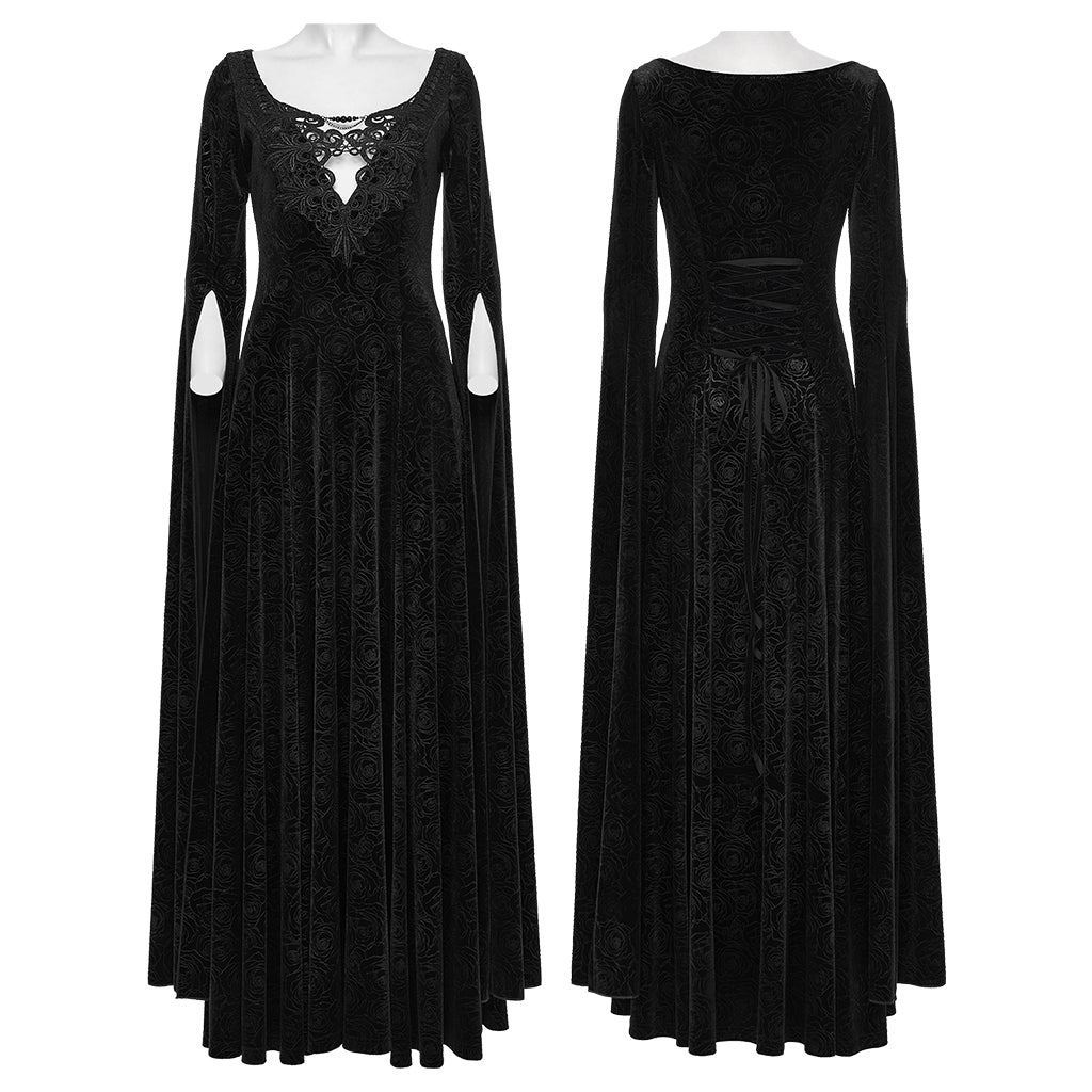 WQ-896LQF Gothic Dress Long Burgundy Velvet Lace Detail Maxi Gown