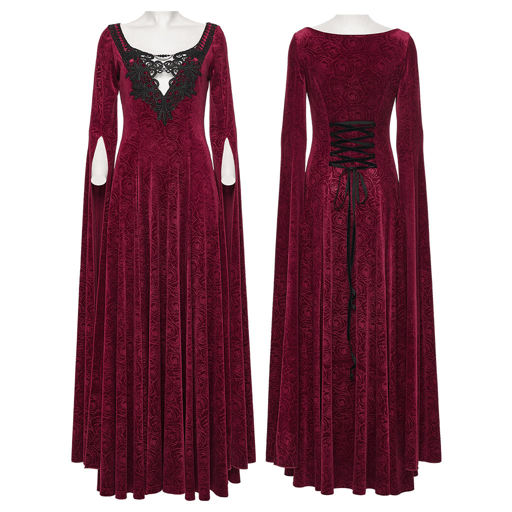 WQ-896LQF Gothic Dress Long Burgundy Velvet Lace Detail Maxi Gown