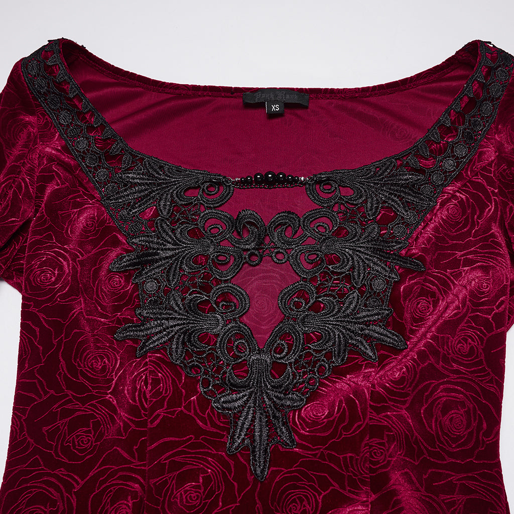 WQ-896LQF Gothic Dress Long Burgundy Velvet Lace Detail Maxi Gown