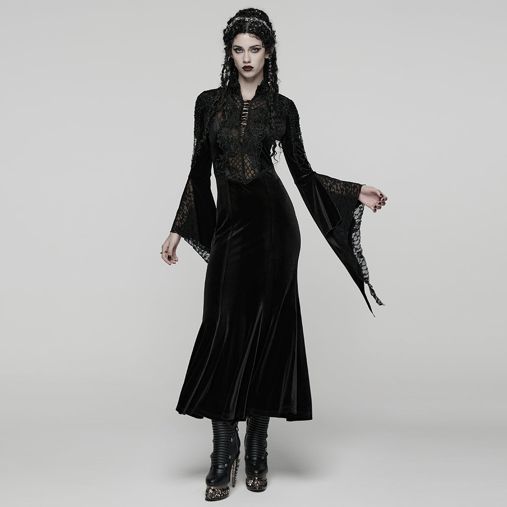 WQ-898LQF Black Lace Vintage Inspired Gothic Maxi Dress