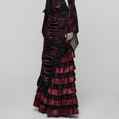 WQ-899BQF Victorian Gothic Skirt Velvet Lace Ruffle Elegance Dark Red