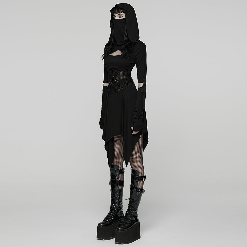 WQ-902LQF Edgy Black Gothic Dress with Hood and Mesh Details