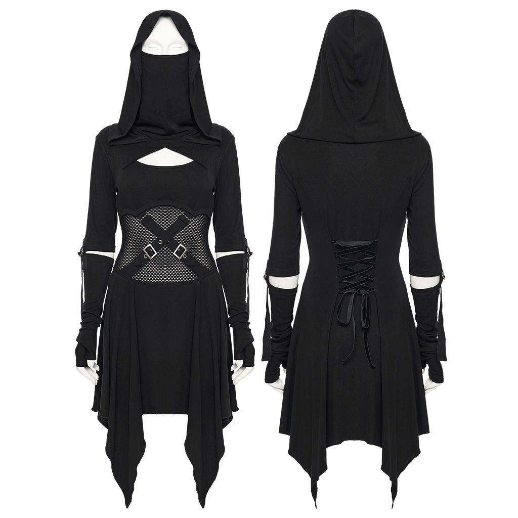WQ-902LQF Edgy Black Gothic Dress with Hood and Mesh Details