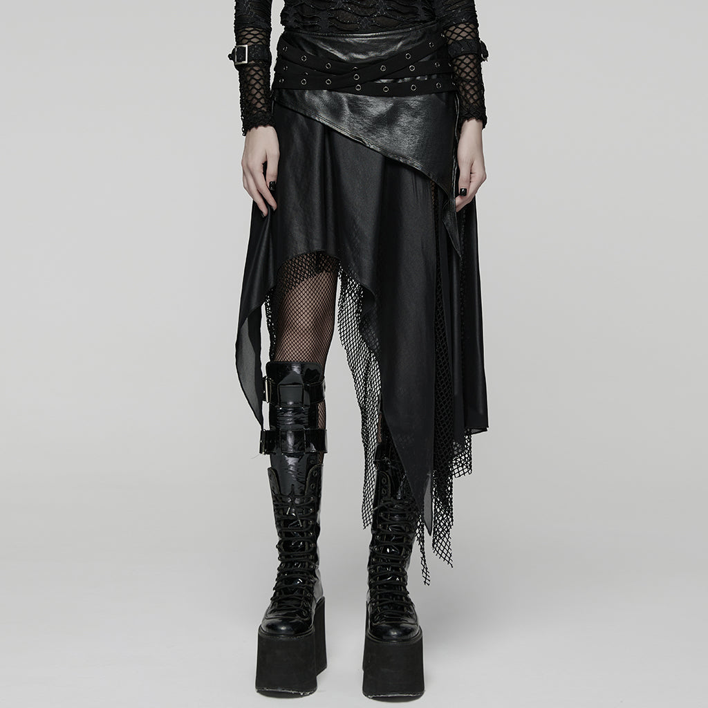 WQ-903BQF Edgy Asymmetric Black Punk Skirt with Mesh and Faux Leather