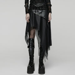 WQ-903BQF Edgy Asymmetric Black Punk Skirt with Mesh and Faux Leather