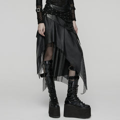WQ-903BQF Edgy Asymmetric Black Punk Skirt with Mesh and Faux Leather