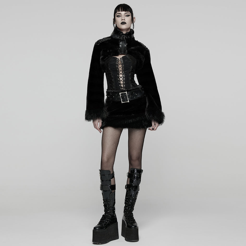 WQ-907BQF Gothic Velvet Faux Fur Belted Punk Skirt