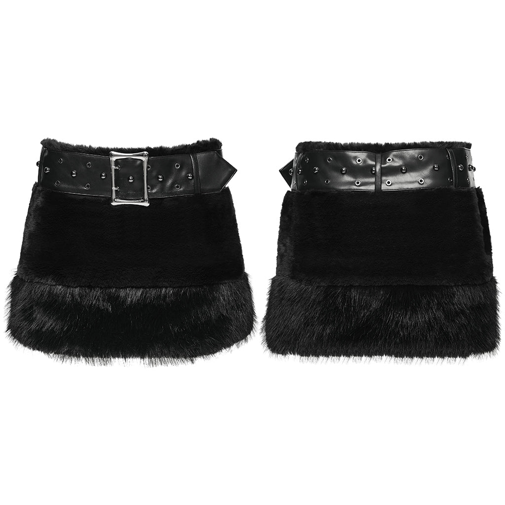 WQ-907BQF Gothic Velvet Faux Fur Belted Punk Skirt