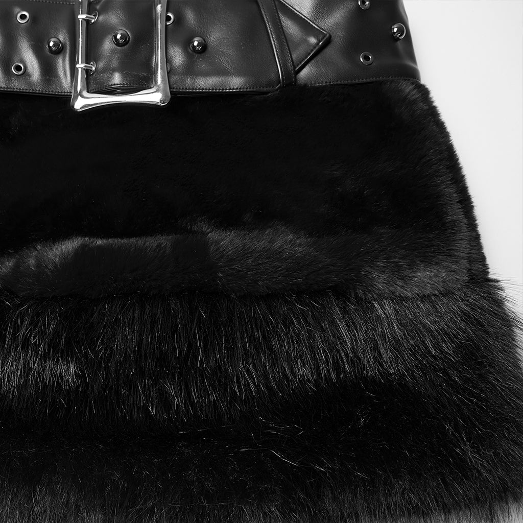 WQ-907BQF Gothic Velvet Faux Fur Belted Punk Skirt