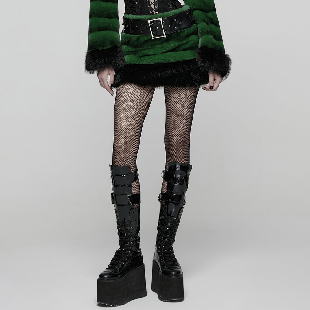 WQ-907BQF Gothic Velvet Faux Fur Belted Punk Skirt