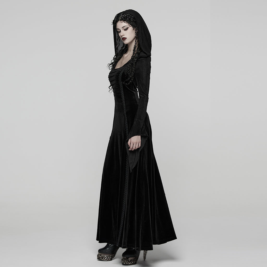 WQ-913LQF Elegant Velvet Hooded Gothic Dress Floor-Length Black Gown