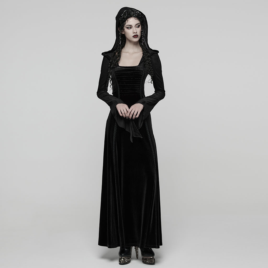 WQ-913LQF Elegant Velvet Hooded Gothic Dress Floor-Length Black Gown