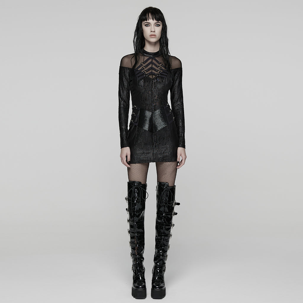 WQ-915LQF Gothic Mesh Panel Black Lace Punk Dress