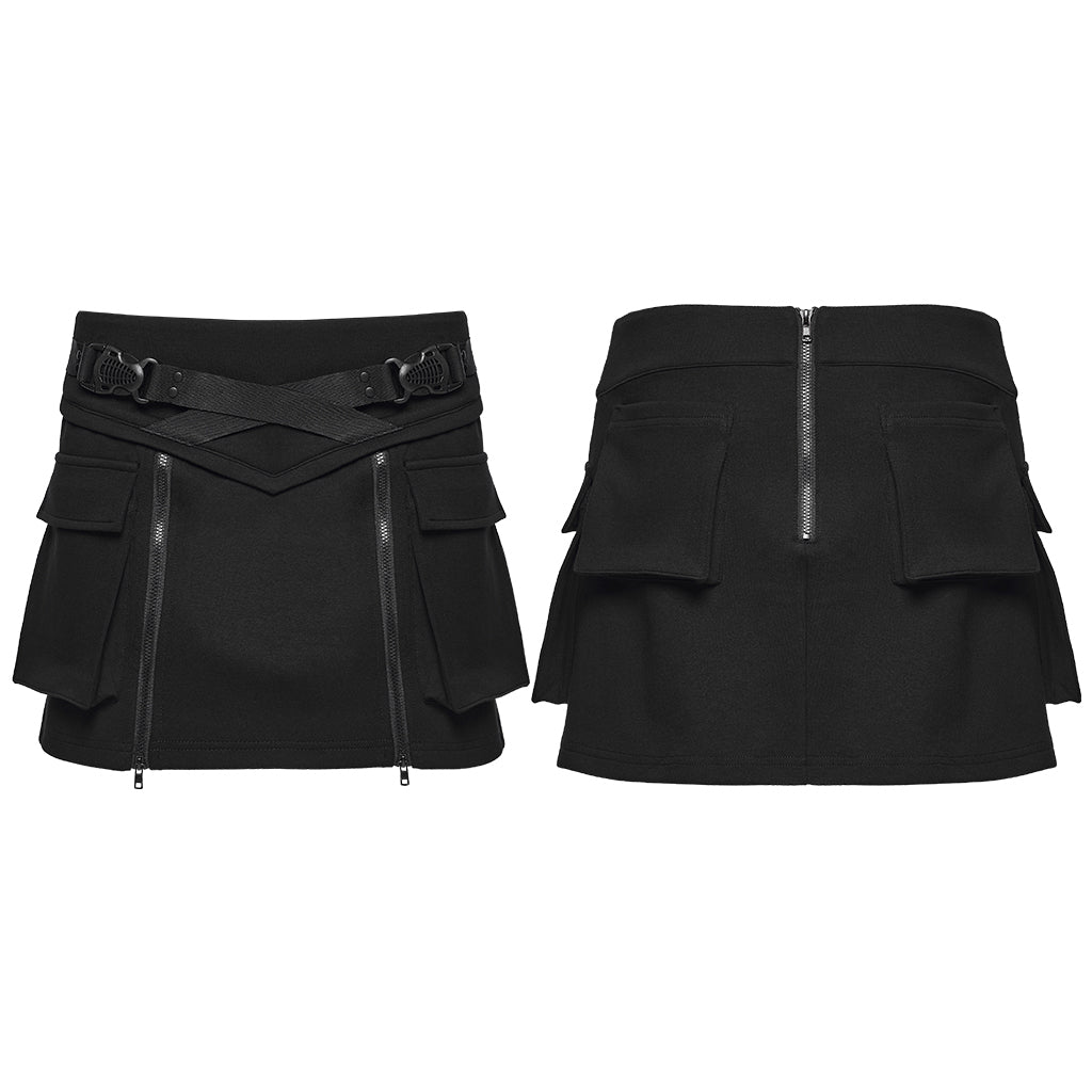WQ-918BQF Edgy Black Punk Skirt with Zipper and Pocket Details