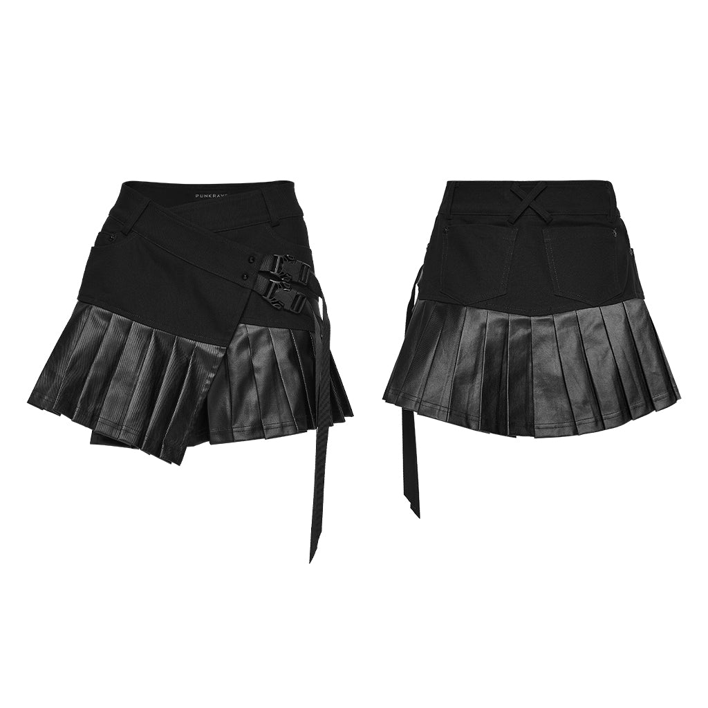 WQ-922BQF Edgy Asymmetrical Black Pleated Punk Skirt with Buckle Straps
