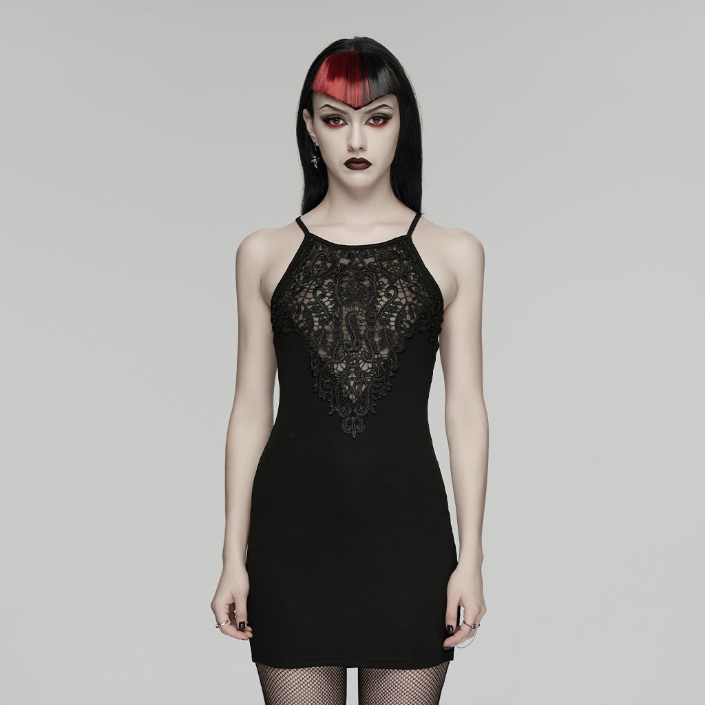 WQ-931LQF Gothic Dress Lace Overlay Halterneck Bodycon Mini Dress Black