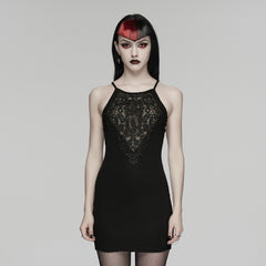 WQ-931LQF Gothic Dress Lace Overlay Halterneck Bodycon Mini Dress Black