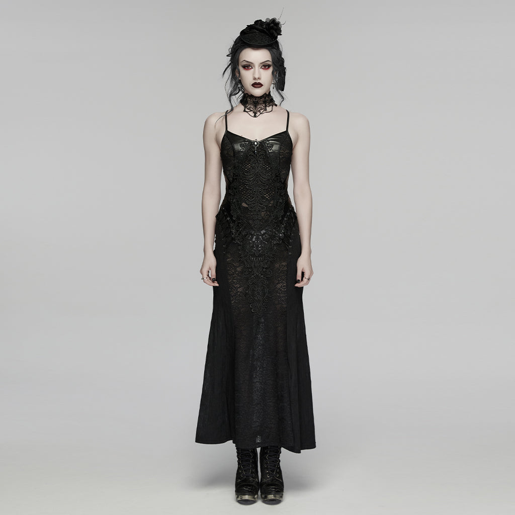 WQ-934LQF Gothic Lace Maxi Dress Spaghetti Strap Black Corset Detail