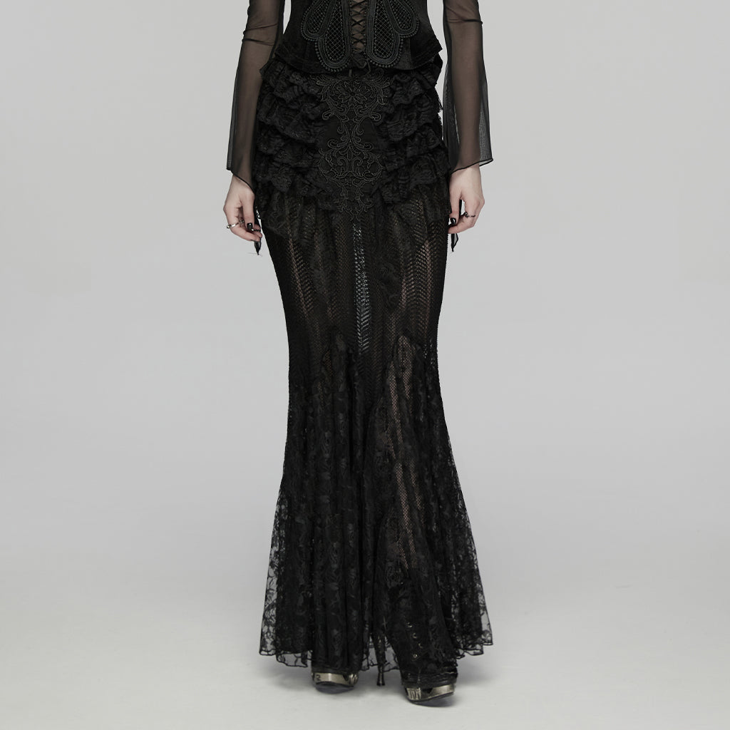 WQ-938BQF Gothic Dress Sheer Lace Long Sleeve Victorian Ruffle Skirt