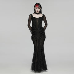 WQ-938BQF Gothic Dress Sheer Lace Long Sleeve Victorian Ruffle Skirt