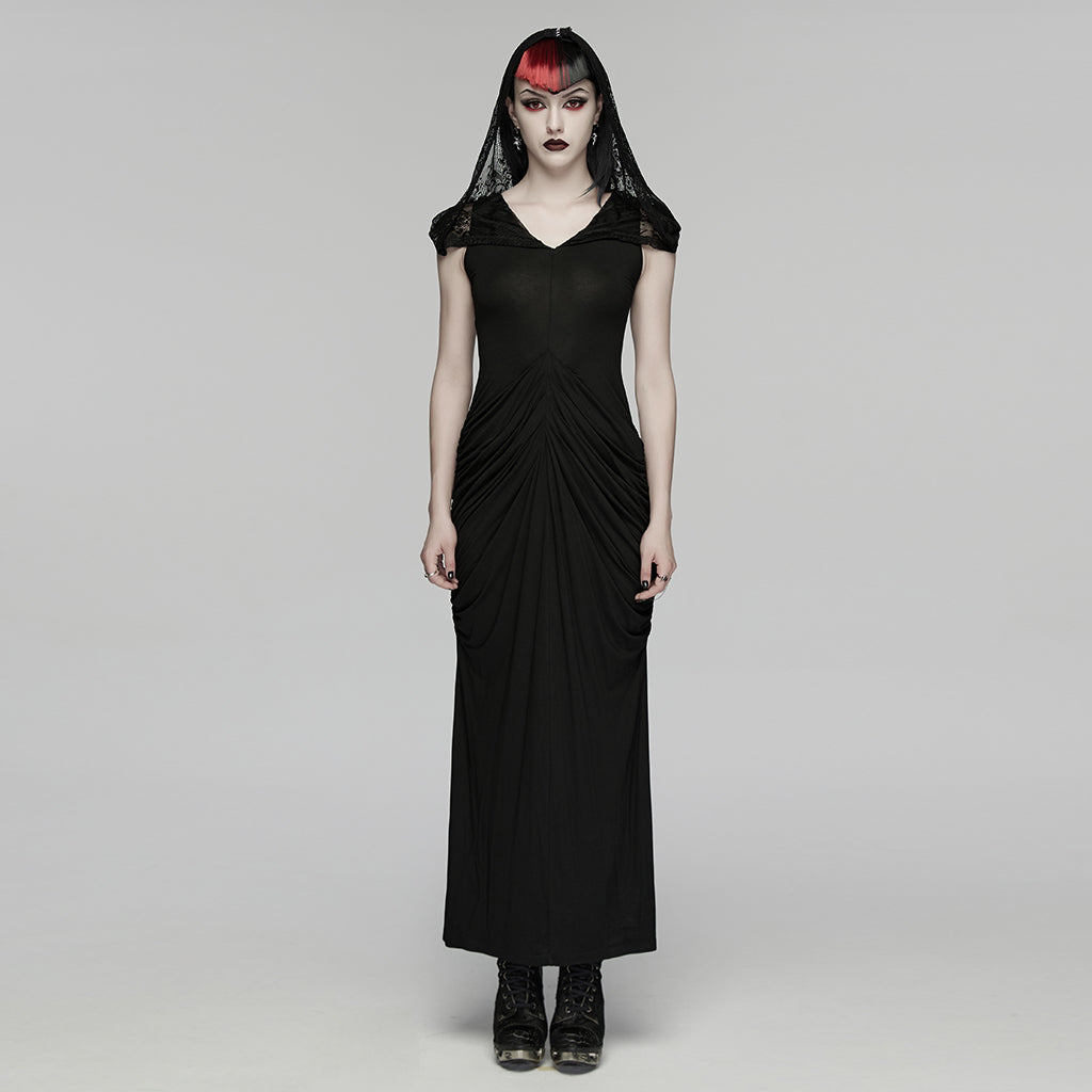 WQ-940LQF Gothic Dress Black Lace Hooded Long Evening Gown