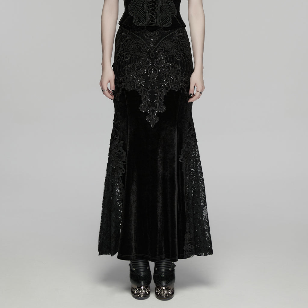 WQ-942BQF Gothic Skirt Elegant Embroidered Lace Long Velvet Panel Design