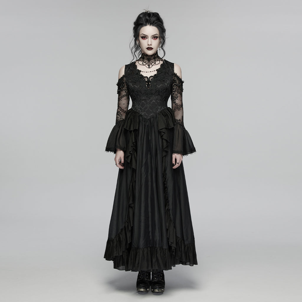 WQ-944LQF Gothic Dress Victorian Lace Cold Shoulder Long Maxi Gown