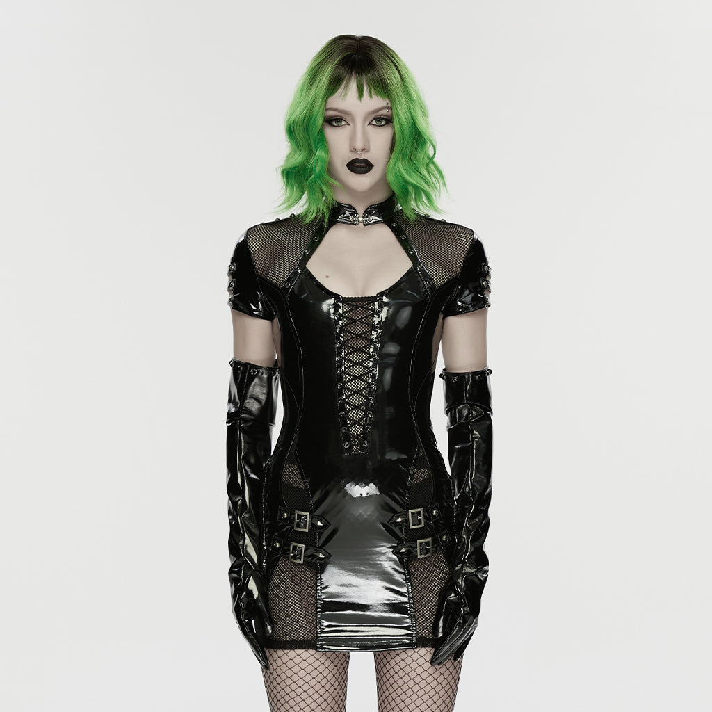 WQ-947LQF Gothic Black Lace-Up Vinyl Punk Dresses with Fishnet Sleeves
