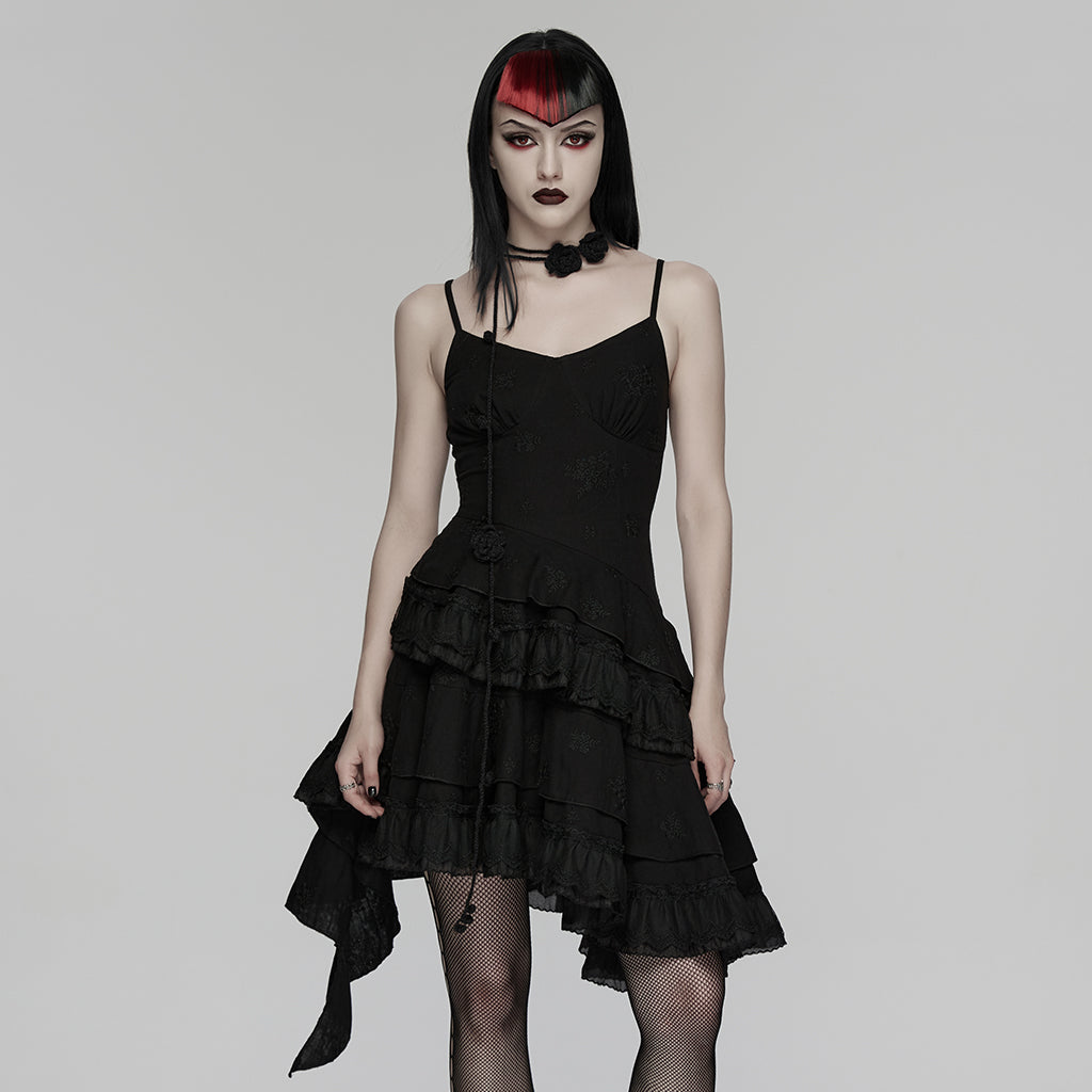WQ-950LQF Gothic Dress Black Lace Asymmetrical Hem Spaghetti Strap Style
