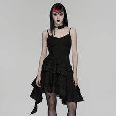 WQ-950LQF Gothic Dress Black Lace Asymmetrical Hem Spaghetti Strap Style