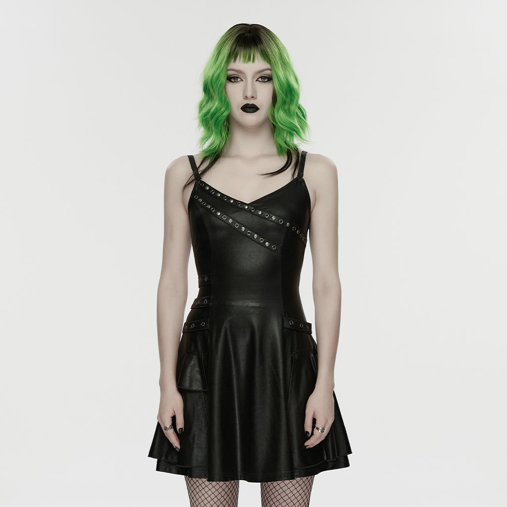 WQ-956LQF Gothic Strap Studded Leather Punk Dress Dark Aesthetic