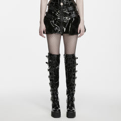 WQ-987BQF Gothic Black Patent Leather Punk Skirt with Buckle Details