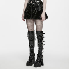 WQ-987BQF Gothic Black Patent Leather Punk Skirt with Buckle Details