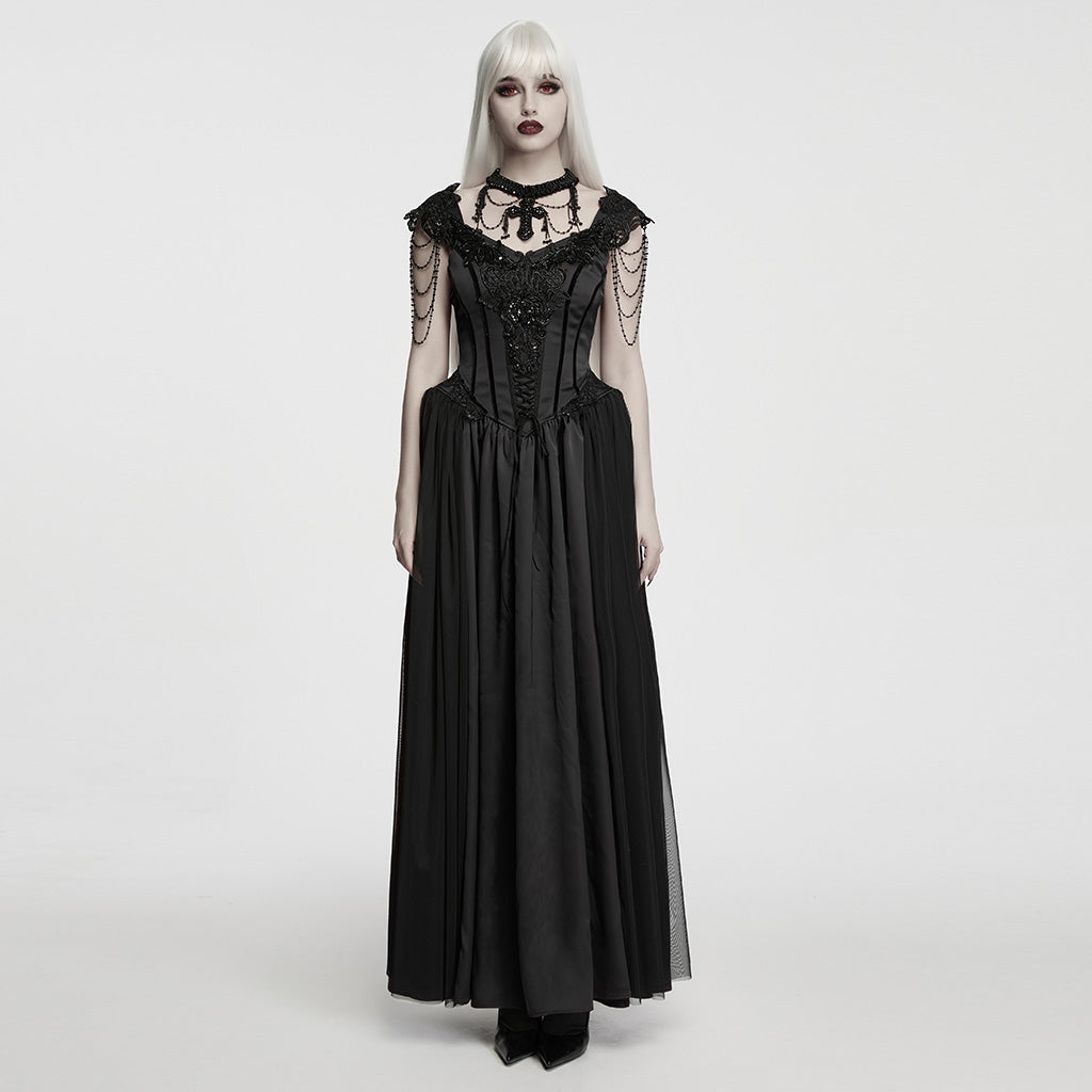 WQ-990LQF Long Black Gothic Dress with Lace and Chain Details