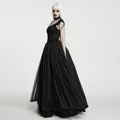WQ-990LQF Long Black Gothic Dress with Lace and Chain Details